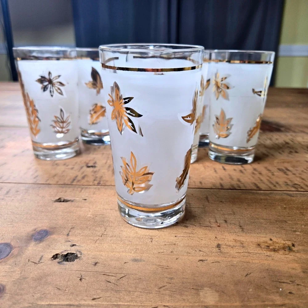 Vintage Libbey Golden Foliage Frosted Highball Glasses Set of 8 Brass Caddy MCM
